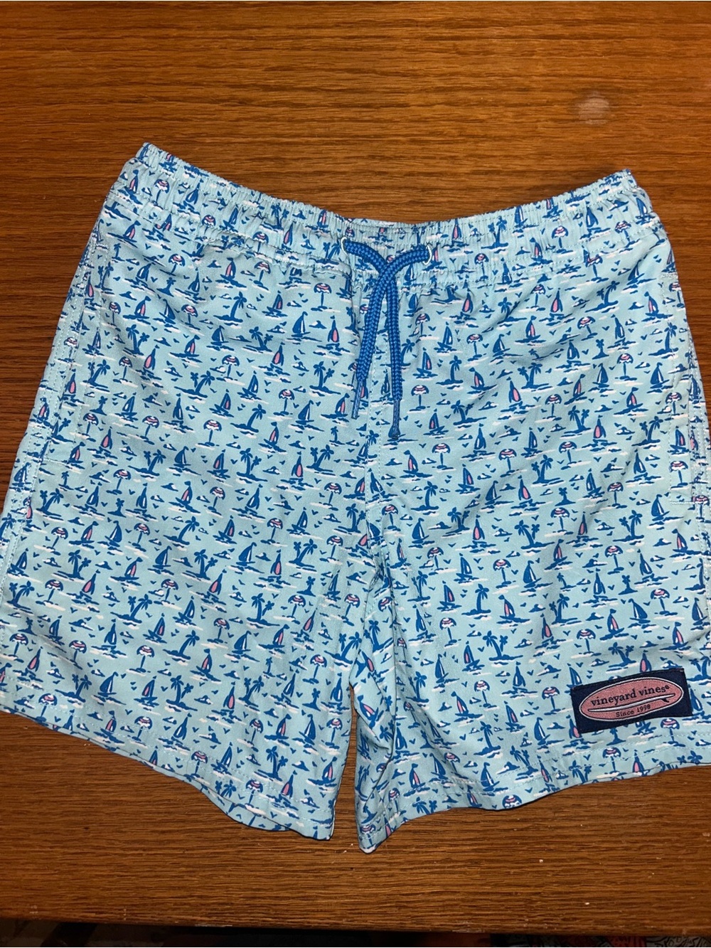 Boys Vineyard Vines Light Blue Sailboat Print Swim Trunks